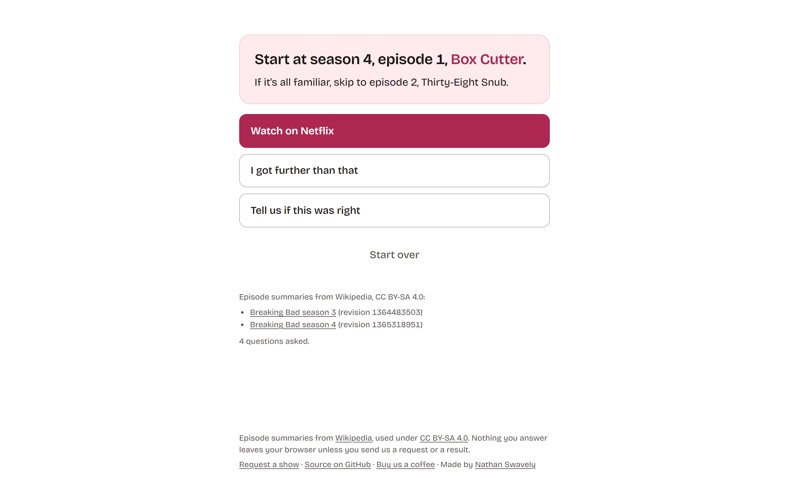 The result screen, naming an episode to start from with a fallback episode beneath it and two links to continue the walk.